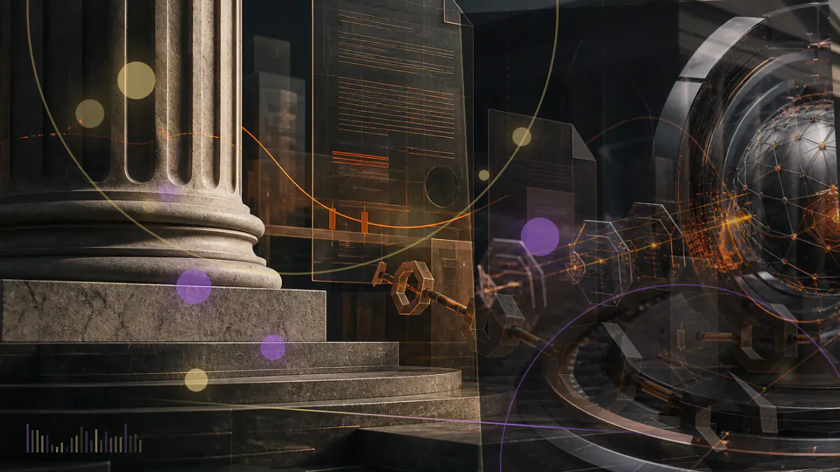Conceptual illustration of a regulatory order immobilizing digital tokens and cryptocurrency wallets