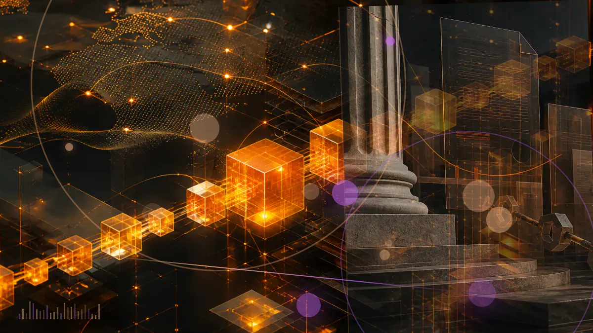 Conceptual illustration of Kin tokens, a SAFT agreement and two financing paths converging beneath a federal courthouse gavel