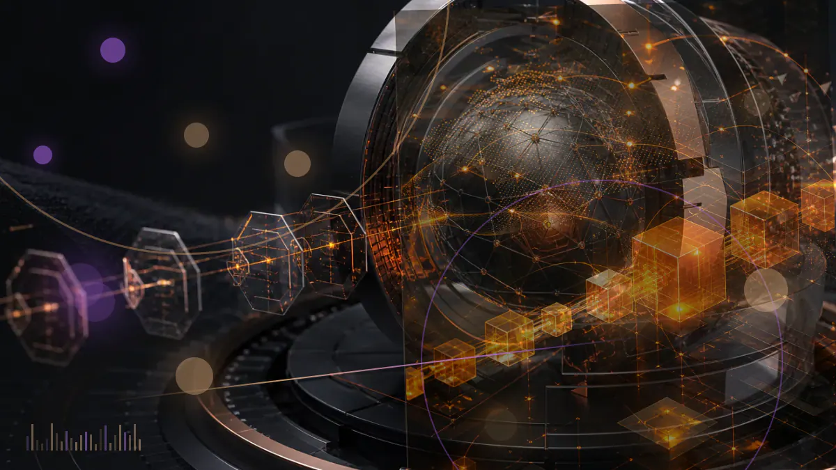 Conceptual illustration of an appellate court document suspended above an XRP-style digital-asset network, representing the paused SEC-Ripple appeals