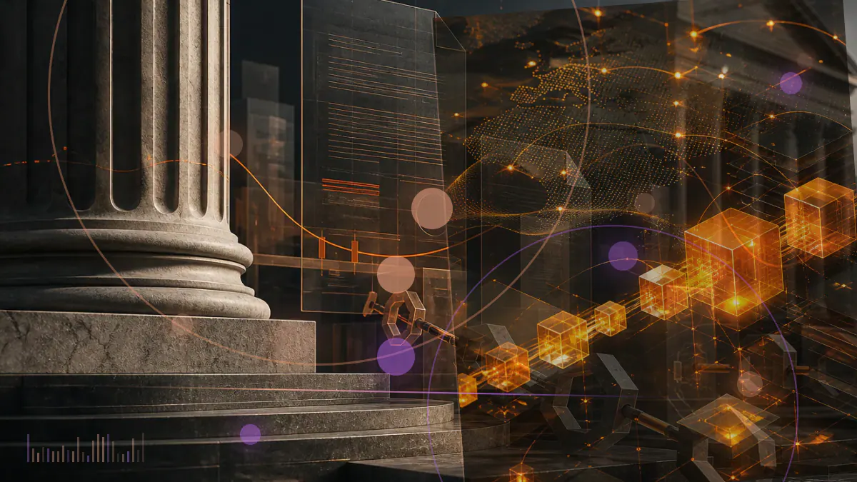 Conceptual illustration of the U.S. Senate chamber connected to a digital-asset ledger, validator nodes and tax-reporting documents