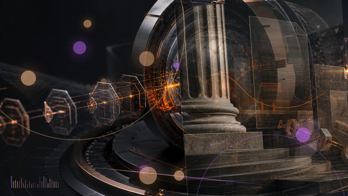 Conceptual illustration of dollar stablecoins passing through a divided U.S. Senate committee vote into a federal regulatory framework