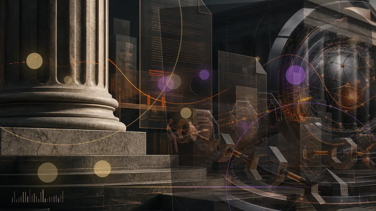 Conceptual illustration of a Senate voting board connected to dollar-backed stablecoin reserves and a regulatory ledger