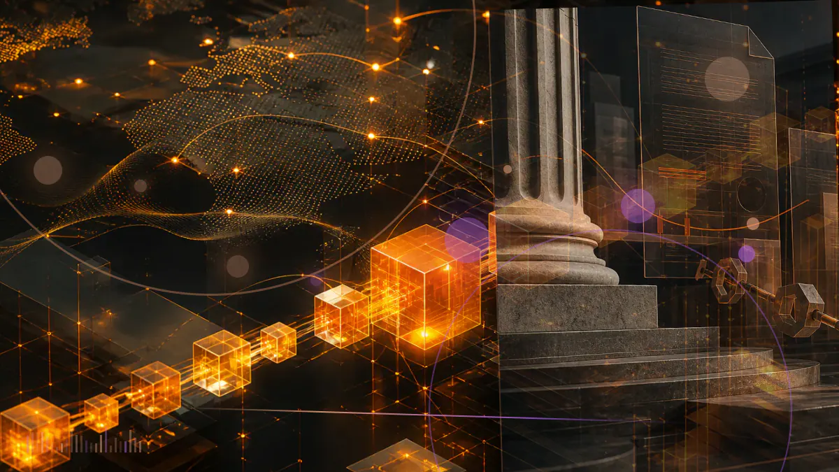 Conceptual illustration of a cryptocurrency ledger and competing regulatory documents arranged inside a U.S. Senate hearing room