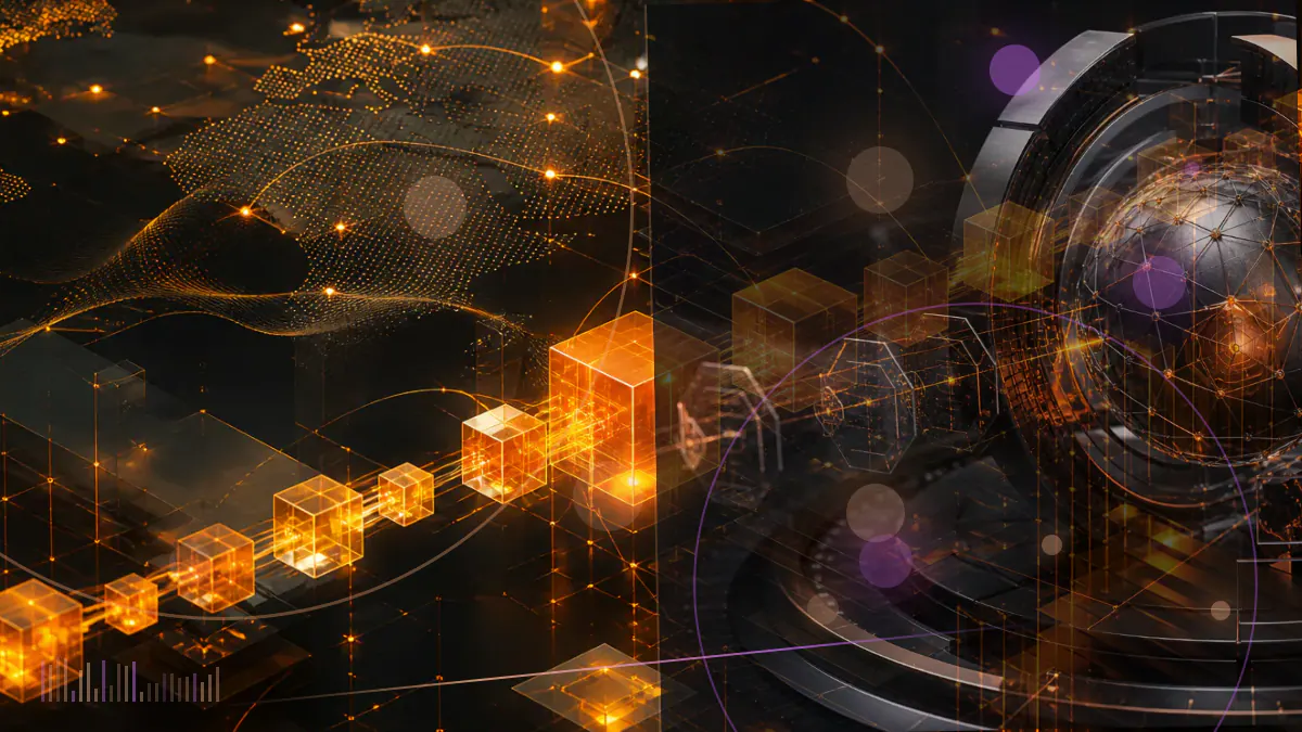Conceptual illustration of a cryptocurrency network beneath the dome of the U.S. Capitol, divided by competing legislative amendments