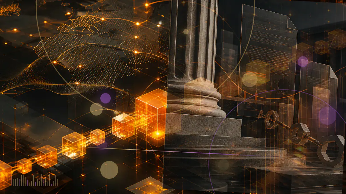 Conceptual illustration of a U.S. Senate voting board connected to dollar-backed stablecoin reserves and a blockchain ledger