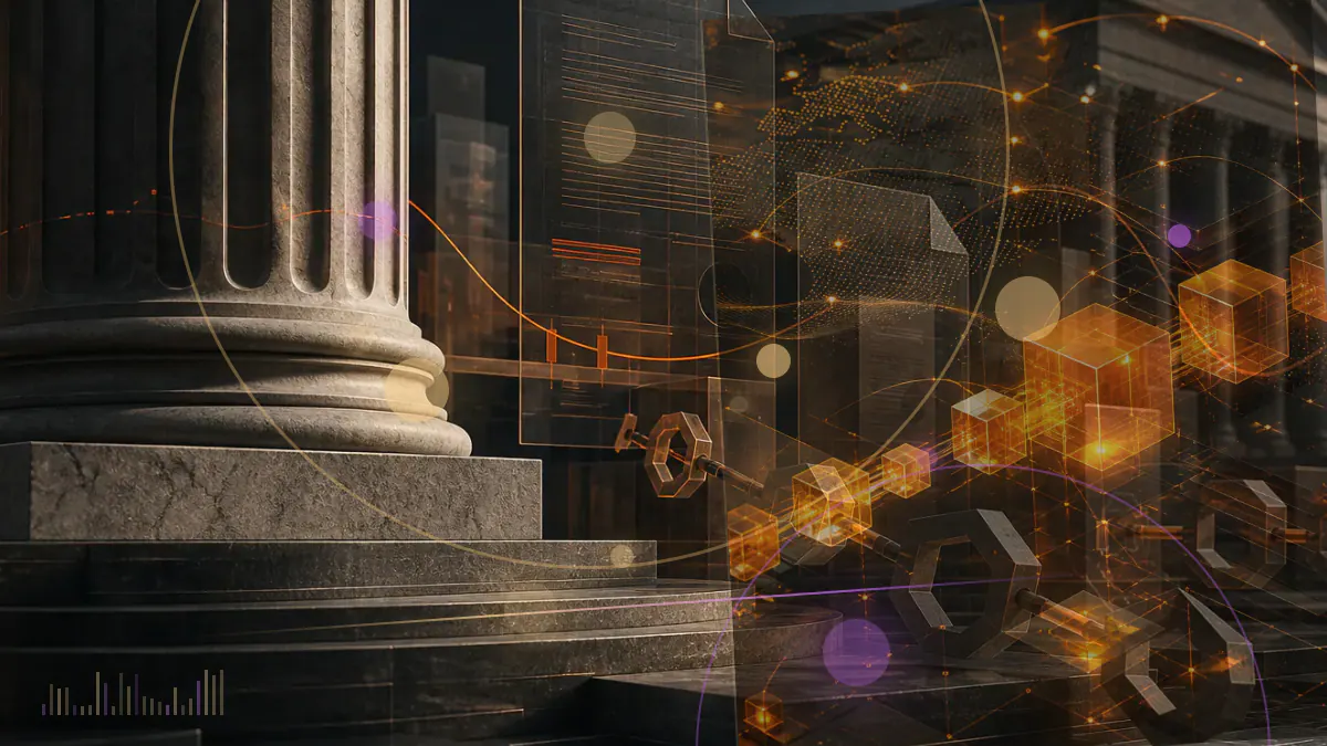 Conceptual illustration of the U.S. Capitol beside a digital-asset custody ledger and balanced accounting columns