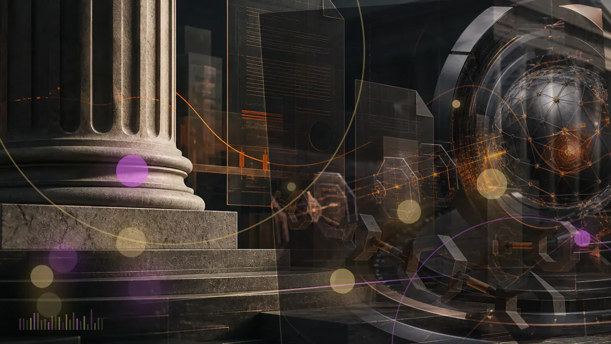 Conceptual illustration of a digital-asset ledger entering a formal U.S. Senate regulatory hearing
