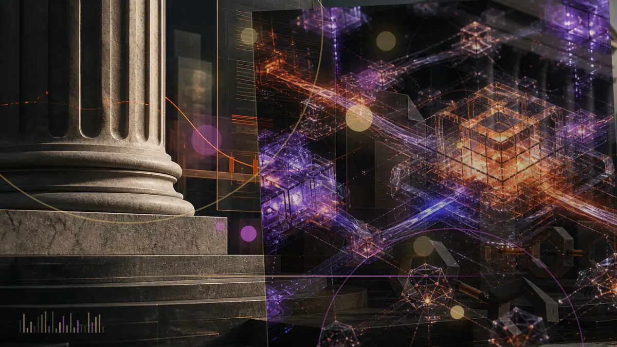 Conceptual illustration of a regulated bank building connected to cryptocurrency tokens beneath a congressional oversight document