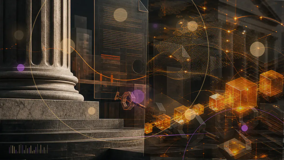 Conceptual illustration of bitcoin and ether market instruments passing through a regulated Singapore exchange gateway