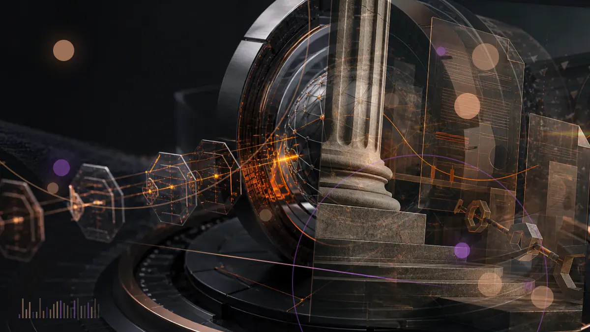 Conceptual illustration of six digital-asset executives testifying before a congressional committee amid cryptocurrency and regulatory symbols
