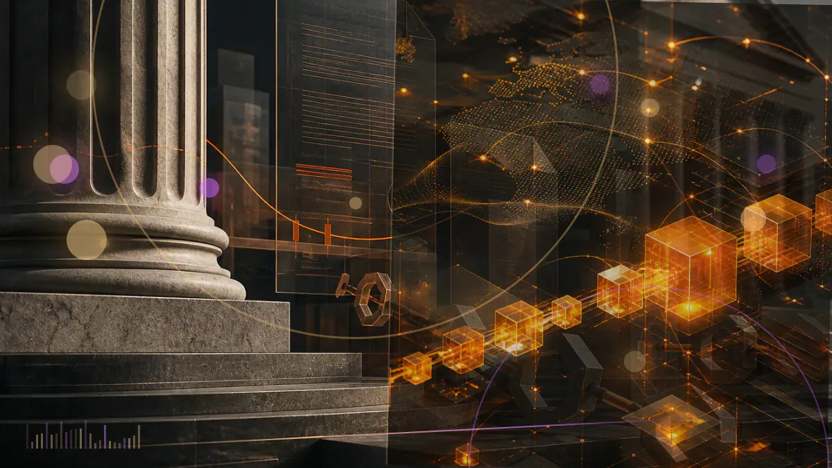 Conceptual illustration of tokenized securities moving through an integrated Swiss exchange, settlement and custody network