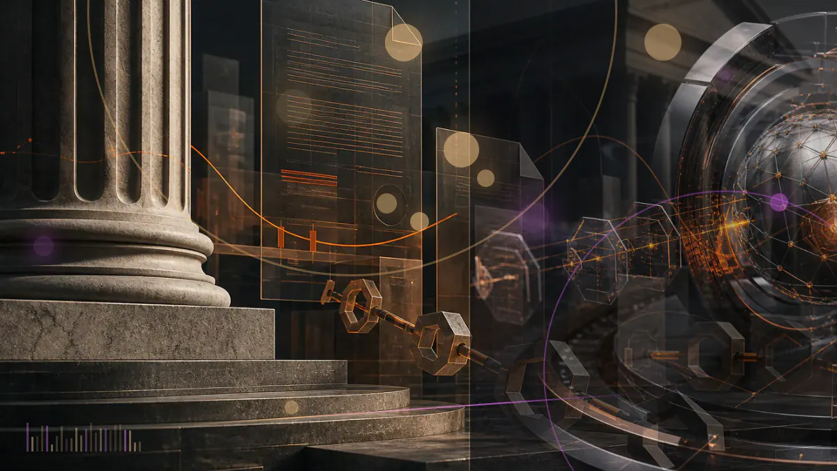 Conceptual illustration of a federal appellate court opinion beside a digital-asset ledger and privacy shield