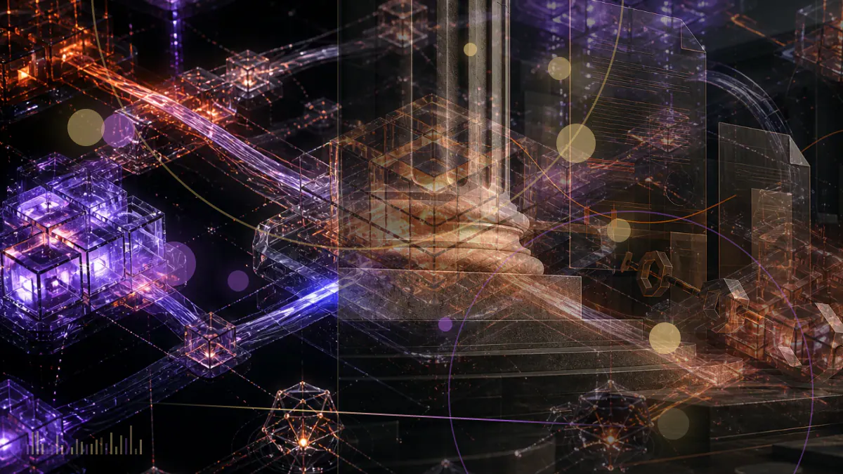 Conceptual Bitcoin mining chips connected to a transparent block header with illuminated version bits