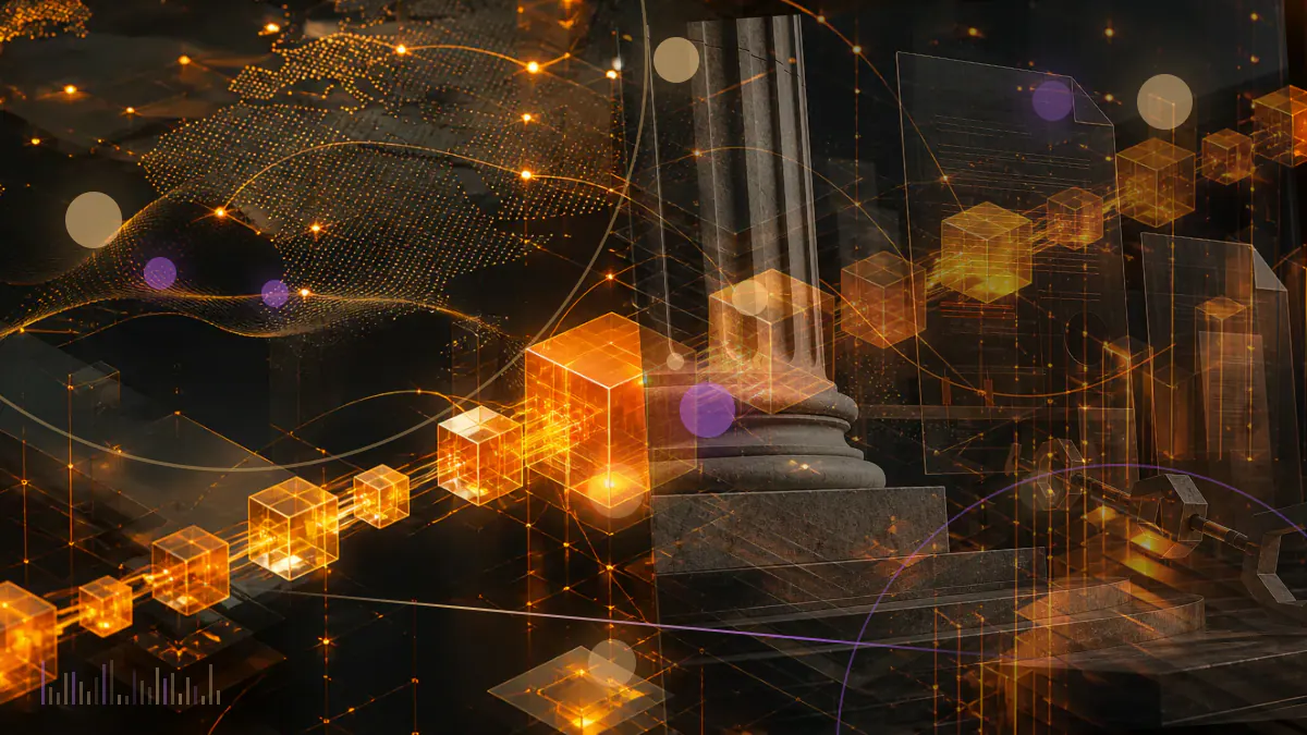 Conceptual illustration of a regulated bank ledger connecting to custody vaults and digital-asset exchange networks under a French tricolor motif