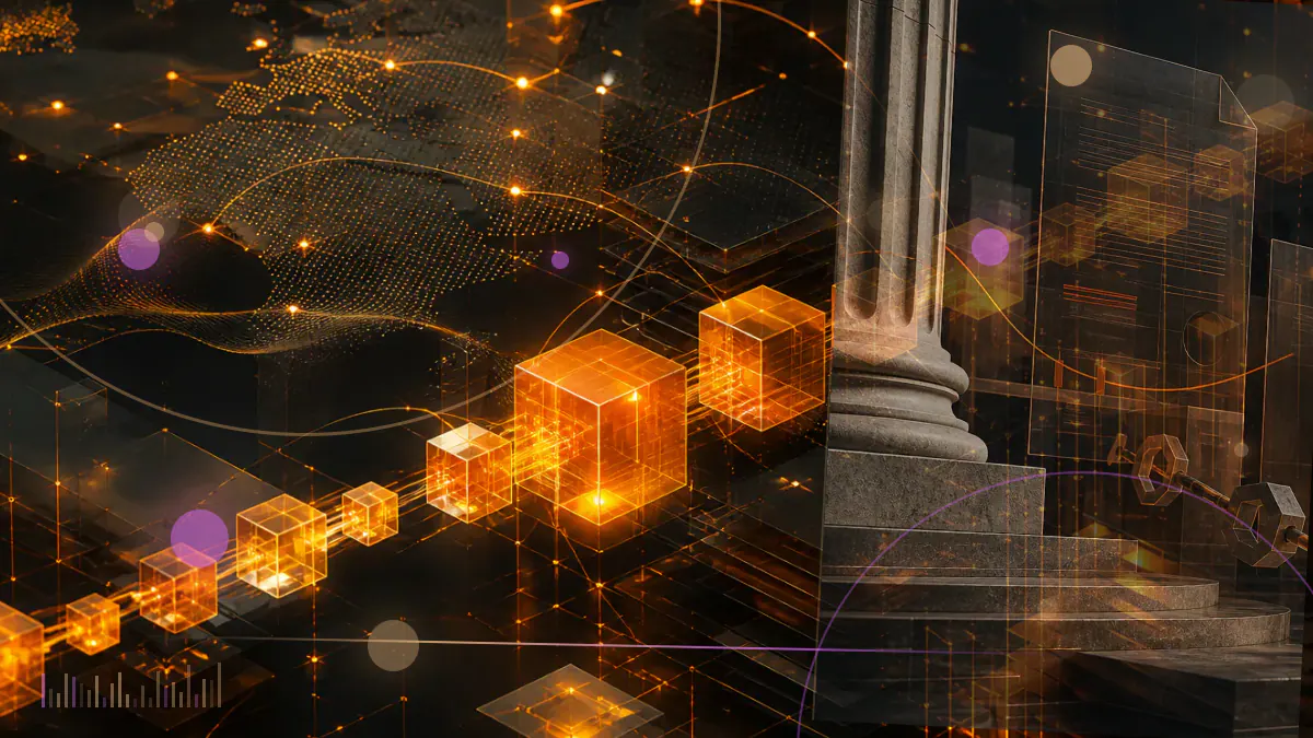 Conceptual illustration of bank settlement rails connecting a dollar stablecoin with institutional cryptocurrency trading infrastructure