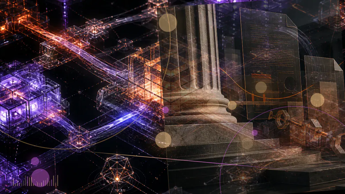 Conceptual illustration of a South Korean court warrant overlaying a fractured Terra cryptocurrency network