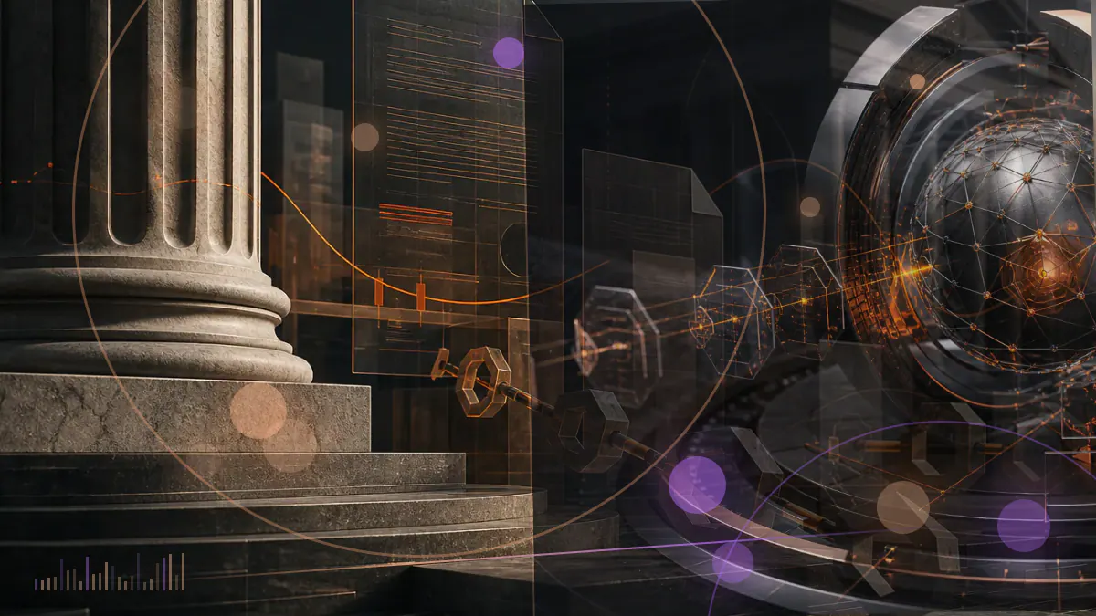 Conceptual illustration of investigators examining a digital exchange ledger and cryptocurrency custody records
