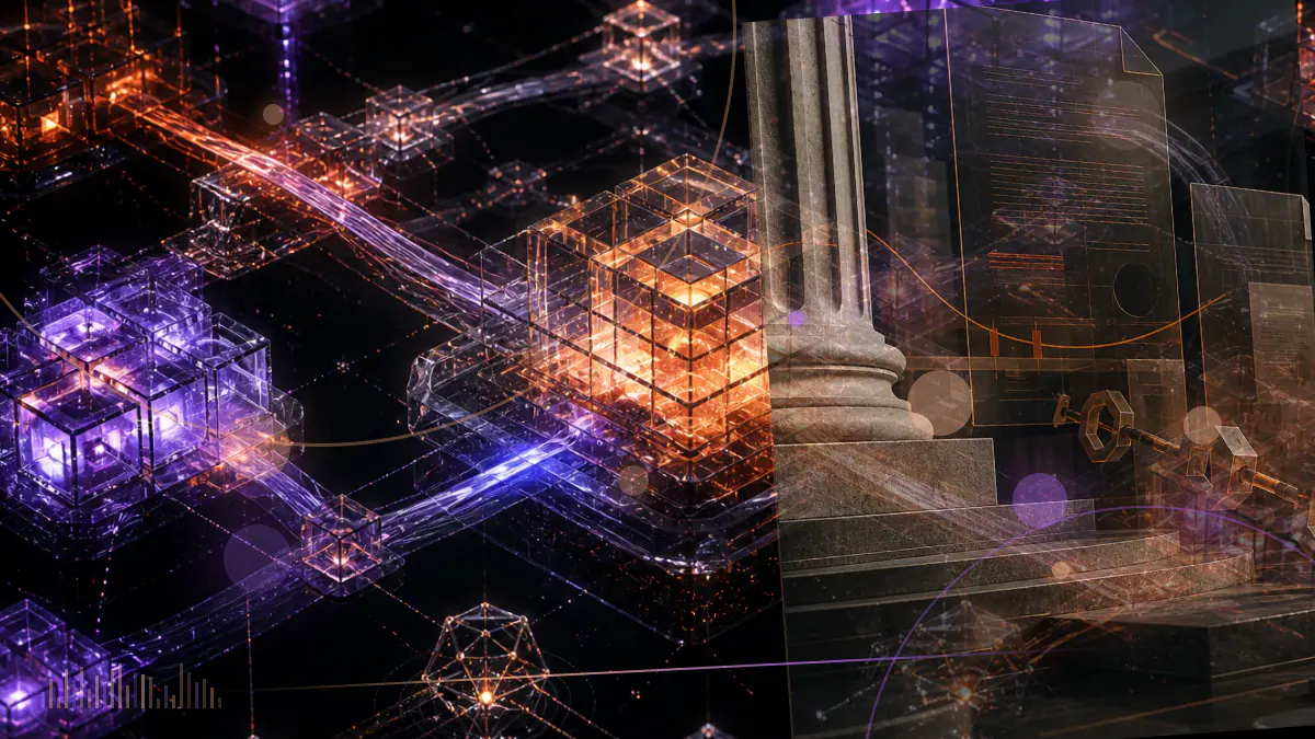 Conceptual illustration of digital cryptocurrency symbols feeding into an institutional financial benchmark chart