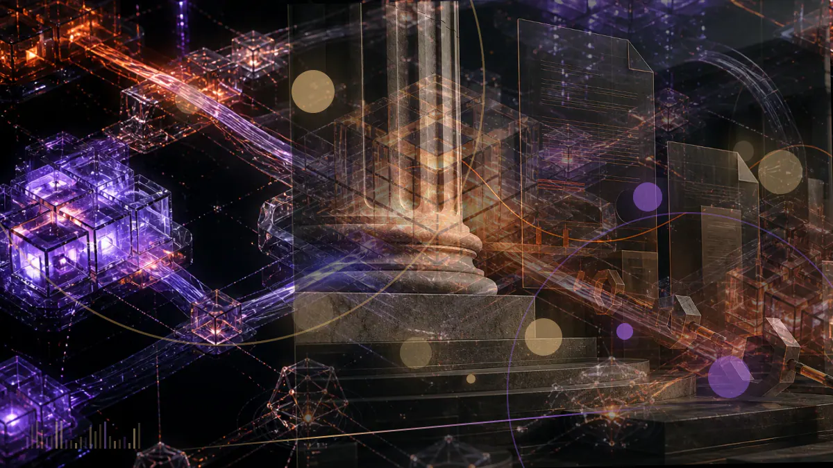 Conceptual illustration of capital flowing through institutional fund ledgers toward a Bitcoin symbol as a market chart rises