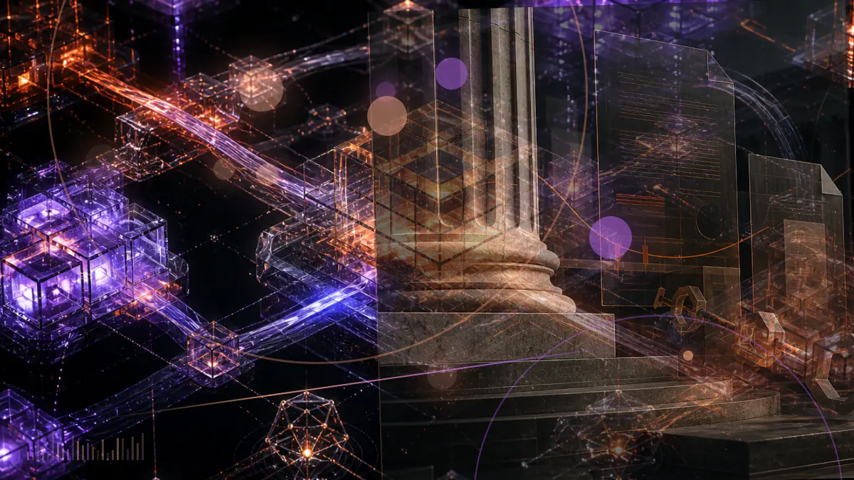 Conceptual illustration of a square payment terminal transforming into interconnected blocks representing payments, Bitcoin and open-source software