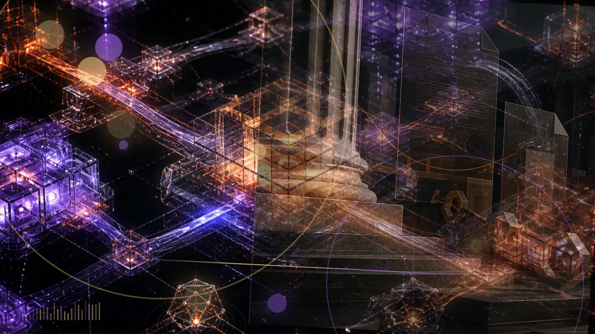 Conceptual illustration of dollar-linked digital tokens moving through blockchain market infrastructure during a sharp cryptocurrency selloff