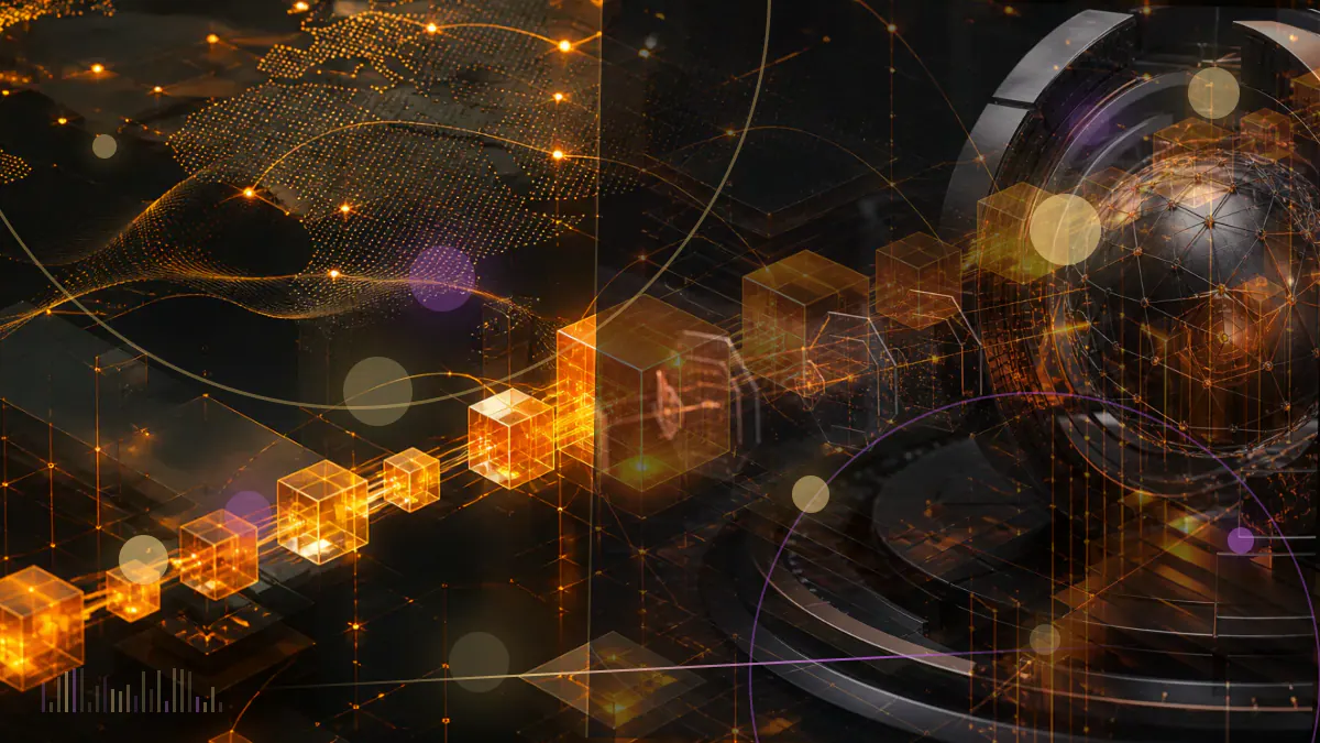 Conceptual illustration of a programmable blockchain network anchored to a sequence of Bitcoin blocks