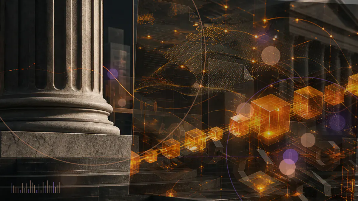 Conceptual illustration of preferred-stock certificates flowing through a corporate treasury structure into bitcoin