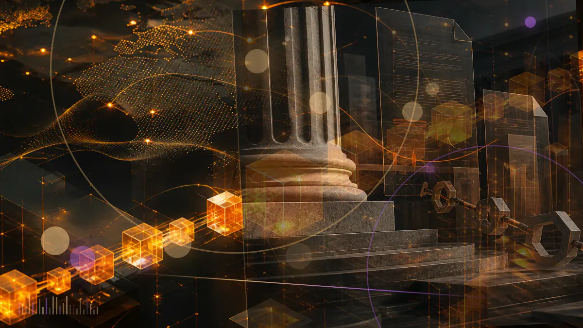Conceptual illustration of common and preferred shares flowing through a corporate treasury ledger into bitcoin.