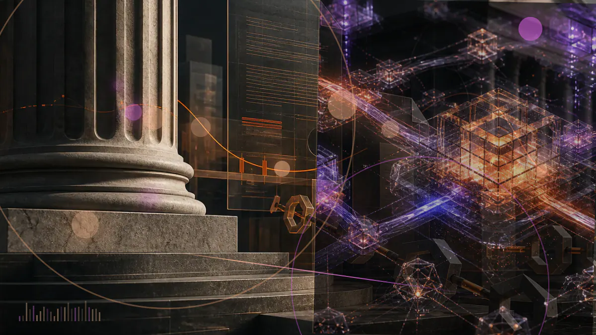 Conceptual illustration of a corporate bond converting into shares beside a secured bitcoin treasury vault