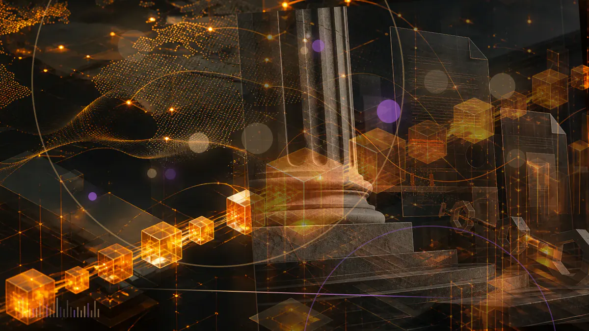 Conceptual illustration of global payment rails joining tokenized-dollar infrastructure through a digital bridge