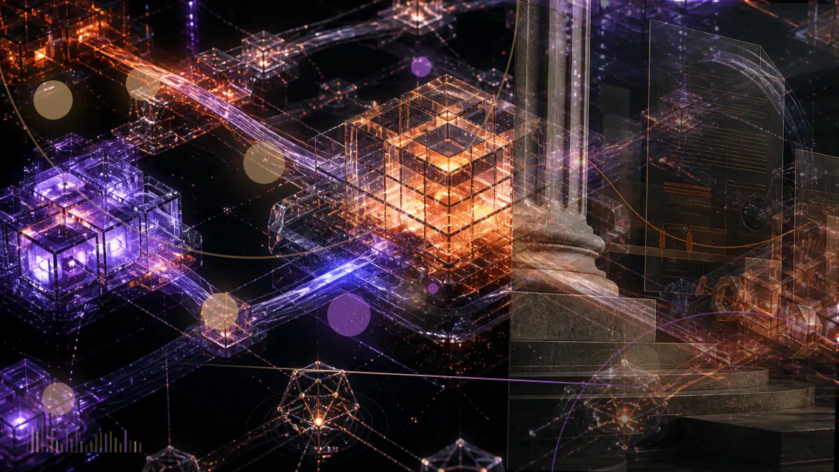 Conceptual illustration of two public-company balance sheets merging around a shared Bitcoin treasury