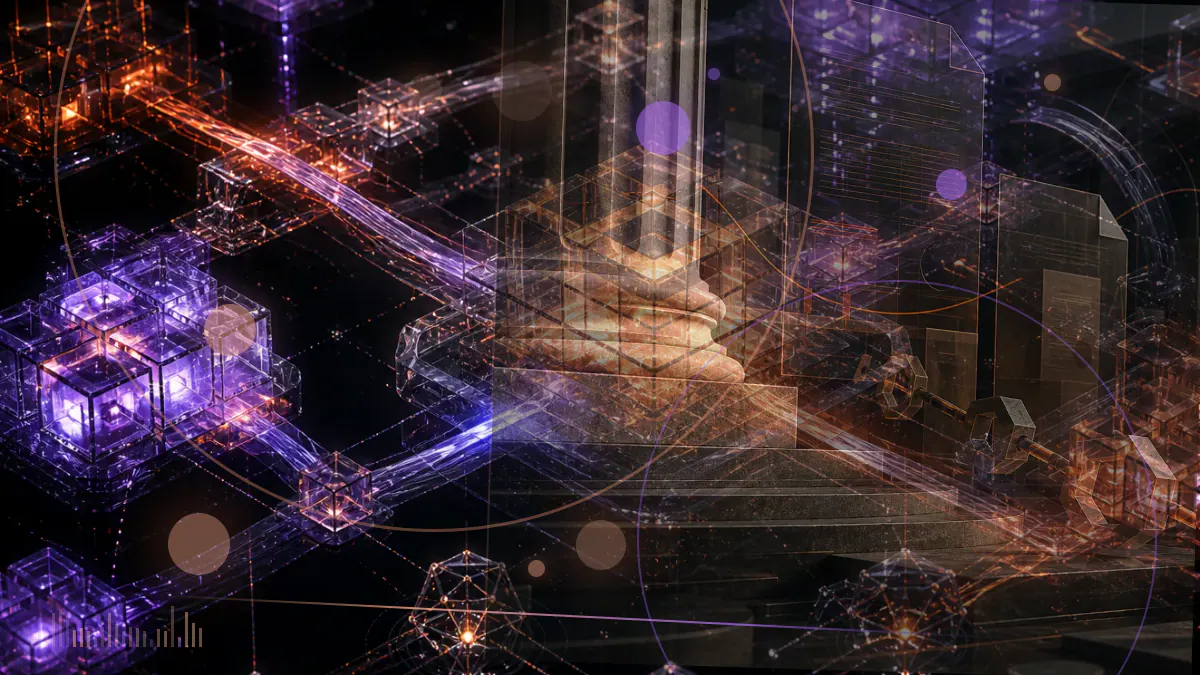 Conceptual illustration of rows of bitcoin-mining machines connected to industrial power facilities and an equipment-financing network