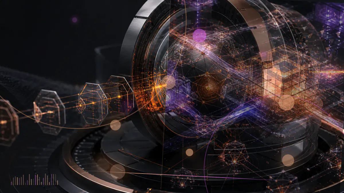 Conceptual illustration of regulated securities records connecting institutional buildings to Ethereum and Solana blockchain rails