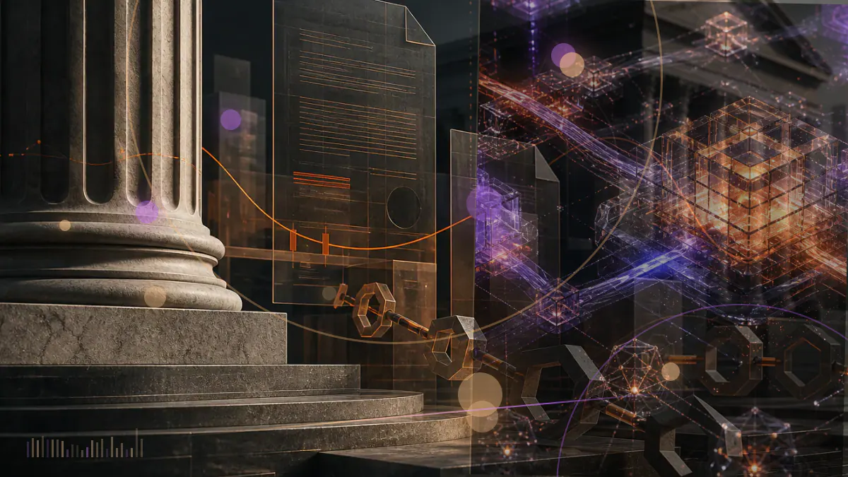 Conceptual illustration of a cryptocurrency exchange terminal facing the U.S. Supreme Court across divided court and arbitration pathways