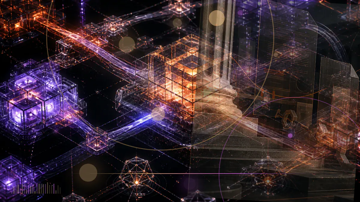 Conceptual illustration of a messaging network and suspended digital tokens beside a regulatory court document