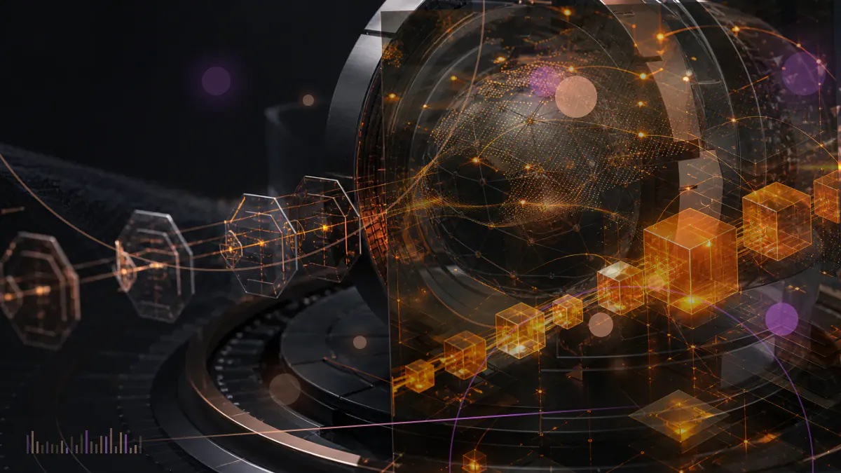 Conceptual illustration of a Telegram-style messaging network intersecting with a TON blockchain ledger beneath the silhouette of a French airport control tower