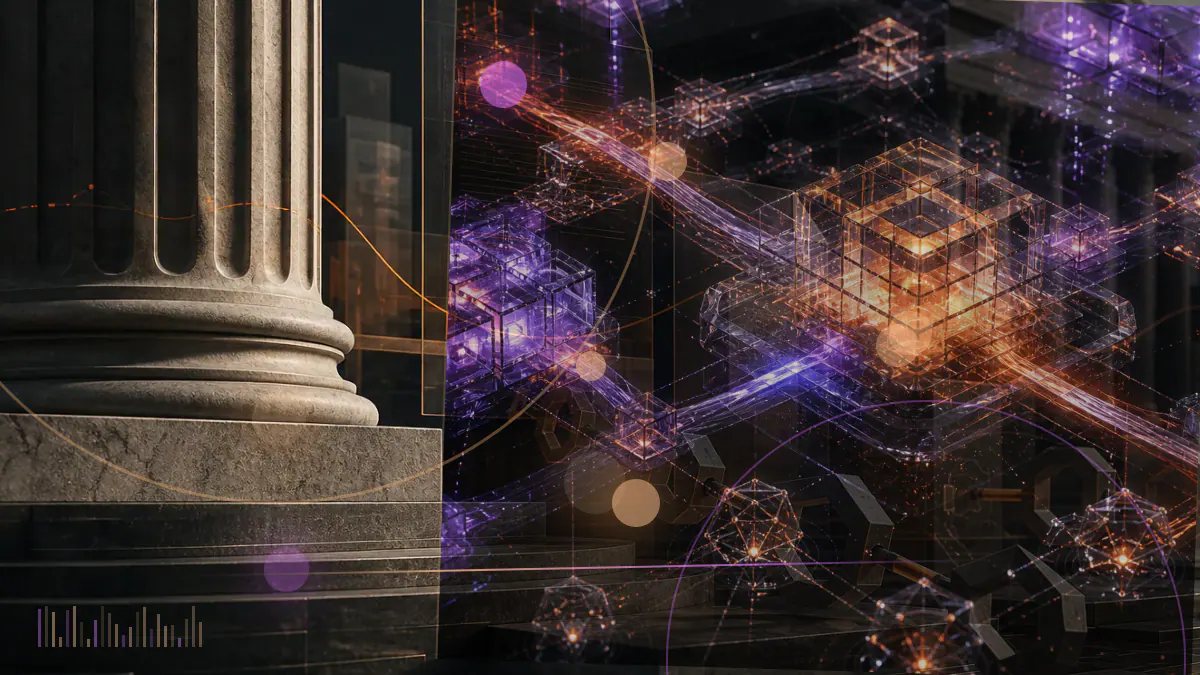 Conceptual illustration of a Gram token and TON network passing from a federal injunction document toward an appellate courthouse
