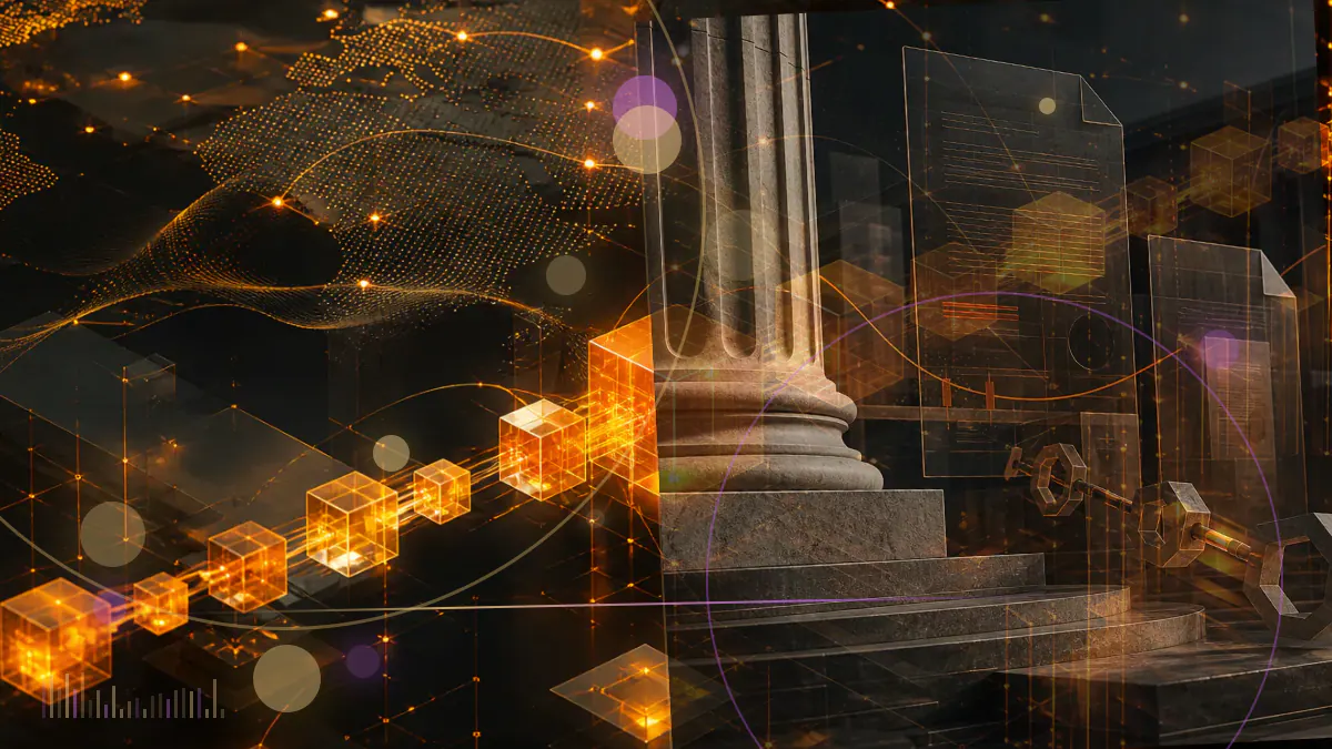 Conceptual illustration of a messaging network and digital-token ledger facing a federal court judgment