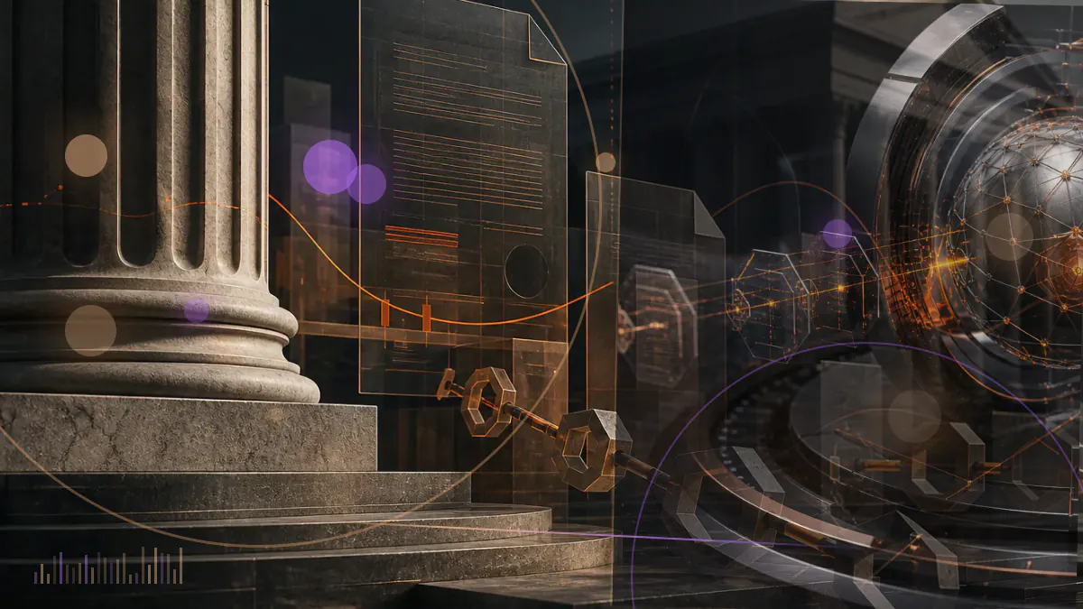 Conceptual illustration of a messaging application separating from an open blockchain network beside a regulatory case file