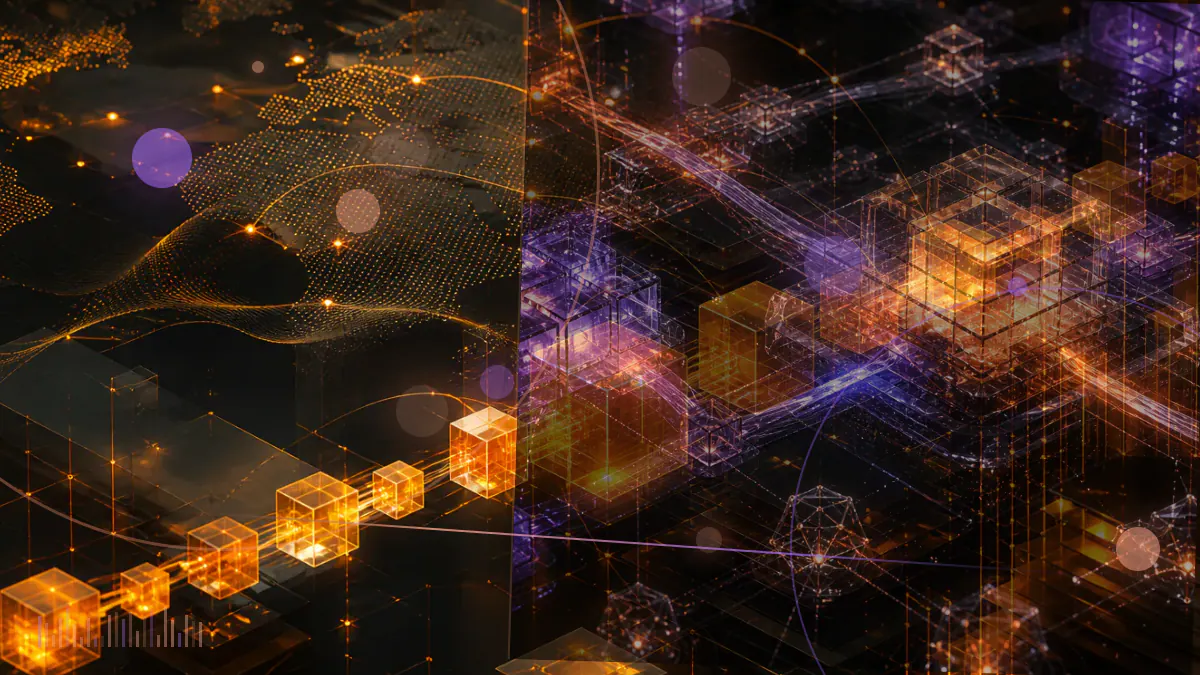 Conceptual illustration of a digital dollar token connecting to a video broadcast screen and cloud infrastructure