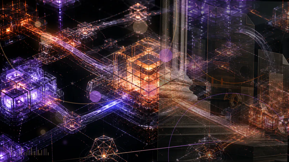 Conceptual illustration of a dollar-referenced digital token positioned between an exchange ledger and legal filings