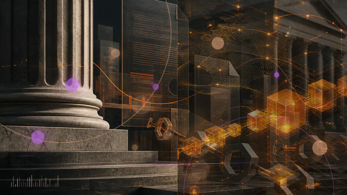 Conceptual illustration of Saudi real-estate records connecting through a blockchain tokenization platform to banking and compliance systems