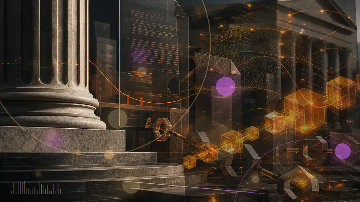 Conceptual illustration of a Tether token holding near a dollar marker beside court documents and exchange-liquidity lines