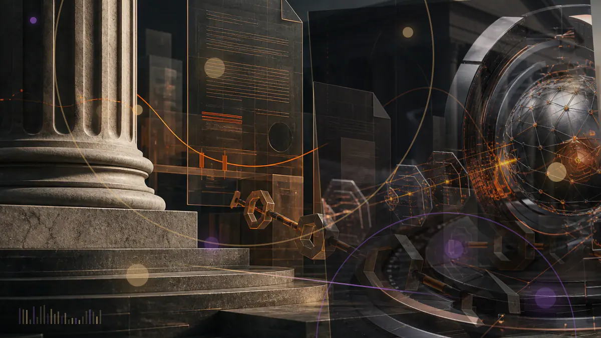 Conceptual illustration of a dollar-linked stablecoin reserve vault divided among Treasury bills, gold and bitcoin