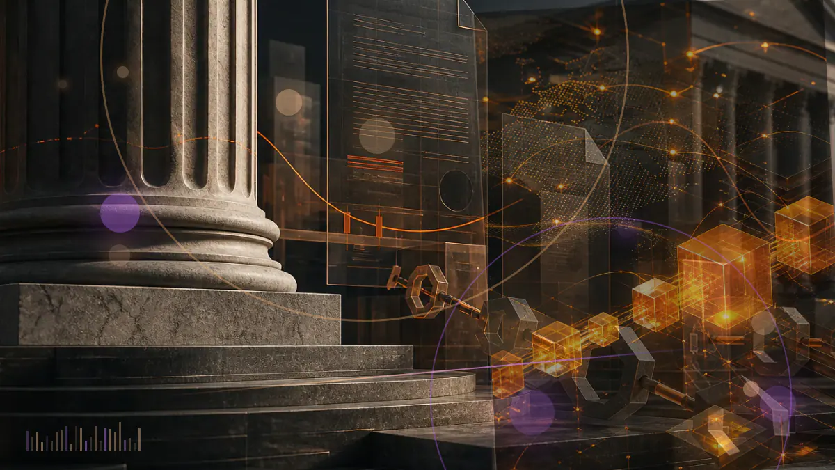 Conceptual illustration of the Texas Capitol beside a bitcoin symbol and legislative documents representing a bill entering conference negotiations