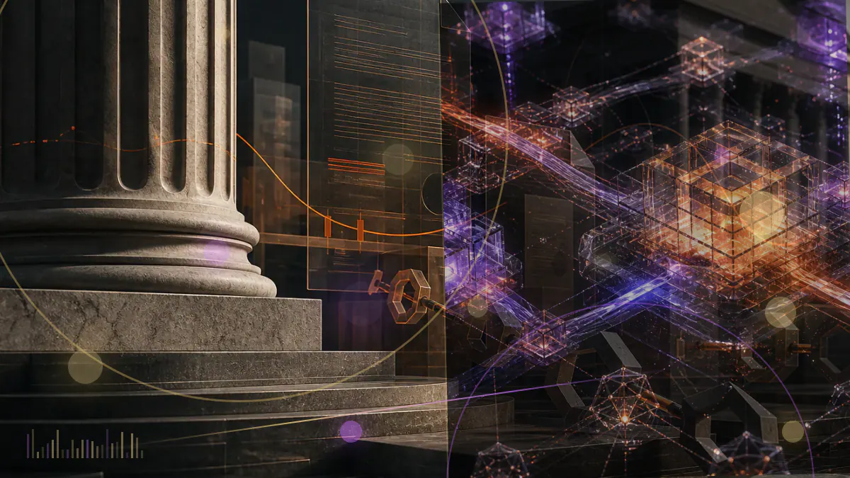 Conceptual illustration of Tezos tokens descending across a market chart beside an emerging blockchain network