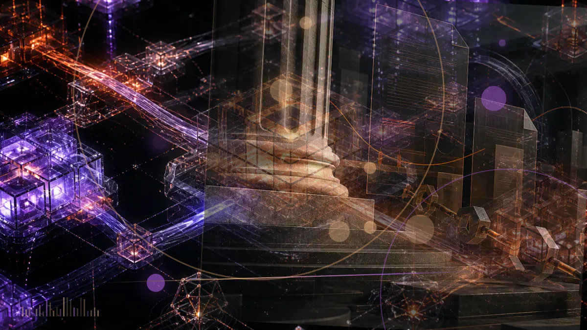 Conceptual illustration of a Tezos token rising into a ranked crypto market grid beside delegated staking nodes
