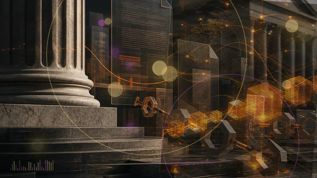 Conceptual illustration of cryptocurrency tokens, an exchange ledger and a Thai regulatory decree within a formal legal framework