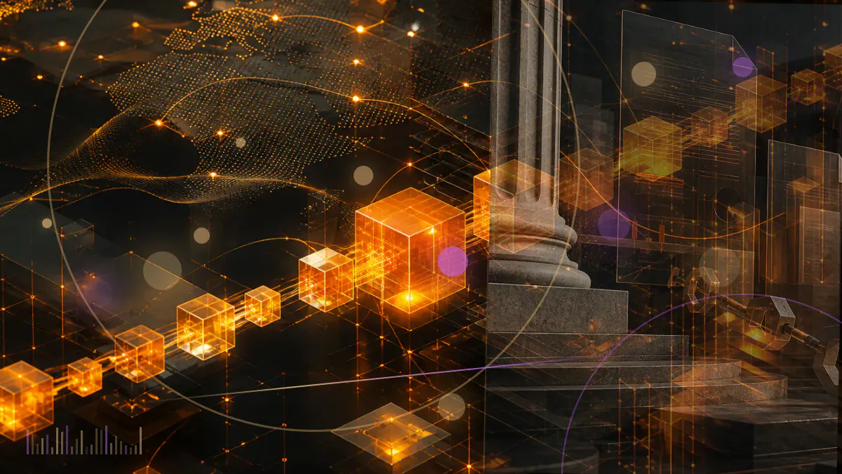 Conceptual illustration of three descending arrows crossing a court docket above interconnected cryptocurrency lending nodes