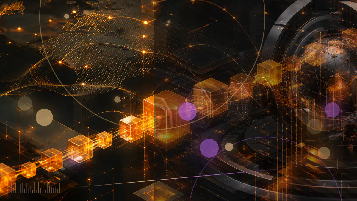 Conceptual illustration of a sharded blockchain network converging on a masterchain beside legal filing pages